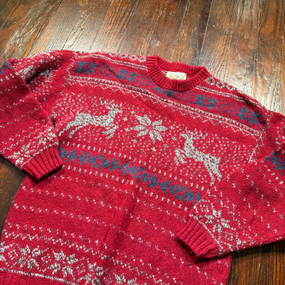 Vintage 90s Alps Sweater Mens M Red Fair Isle Reindeer Snowflake Knit Crewneck